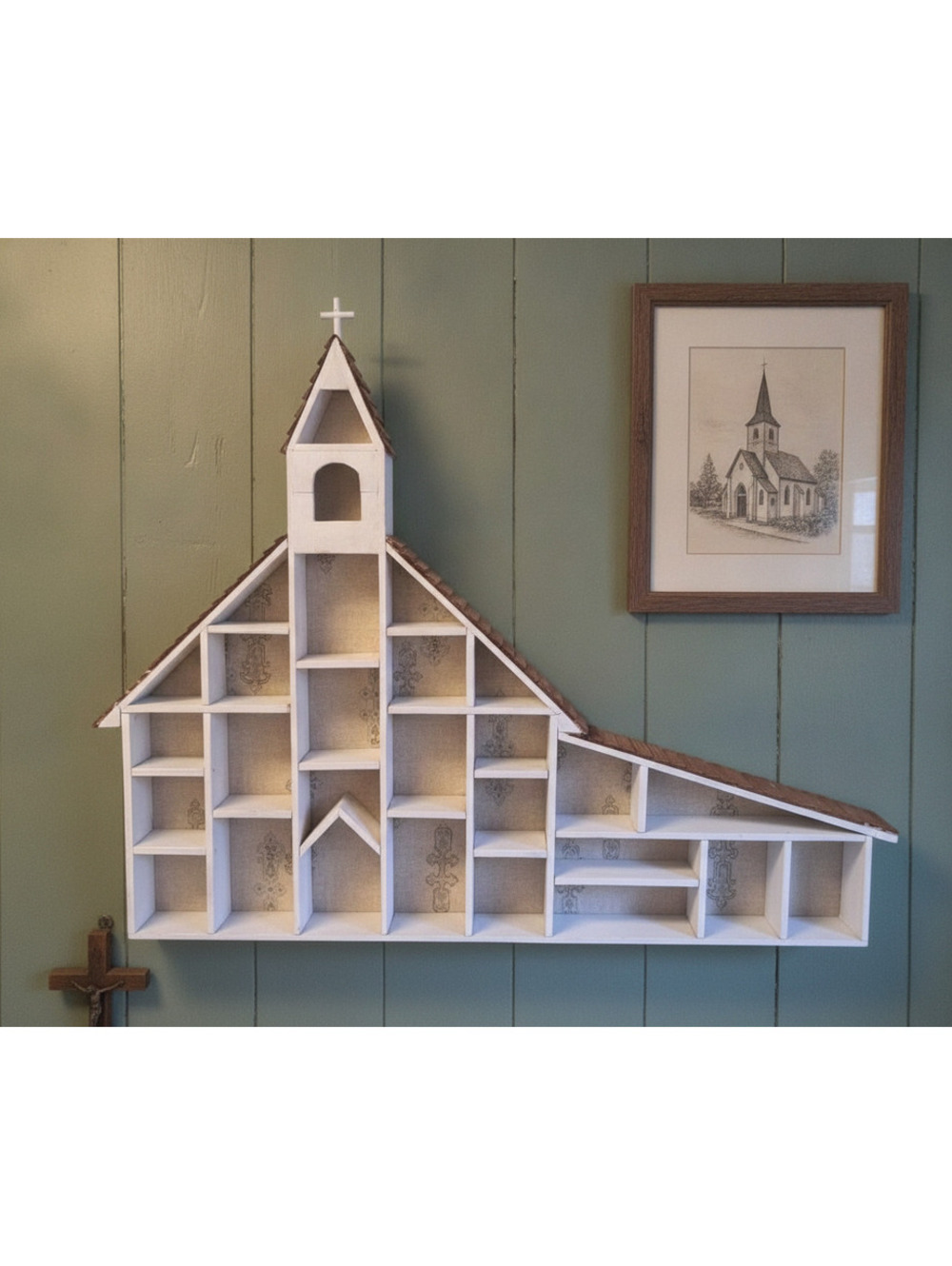 Vintage Large Rustic Country Handmade Church Shaped Trinket/Miniature Wall Shelf